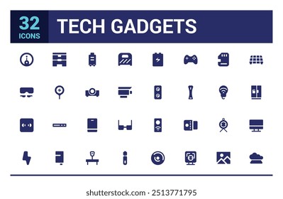 Tech gadgets icon collection. Smartphone, laptop, tablet, smart watch, drone, filled icon set, solid icon set. Glyph icon set for web and ui. Editable stroke. Vector illustration.