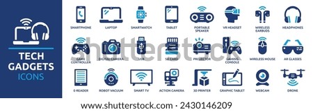 Tech gadgets icon set. Containing smartphone, laptop, tablet, smartwatch, drone, headphones, digital camera, smart TV, gaming console and more. Solid vector icons collection.