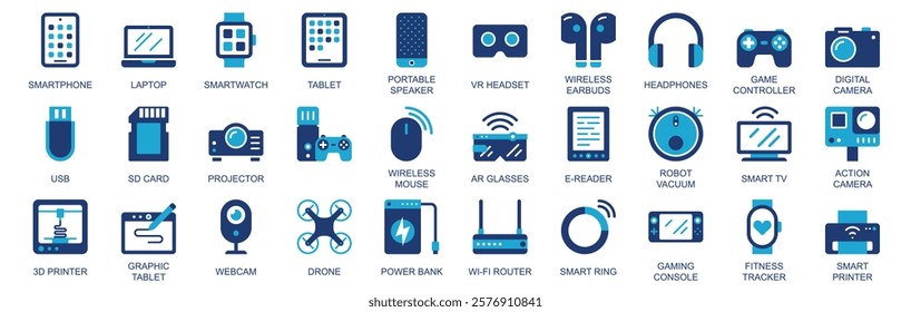 Tech gadgets icon set in flat duotone solid icons web design. Pack pictograms with smartphone, laptop, smartwatch, tablet, portable speaker, vr headset, wireless earbuds, other. Vector illustration.