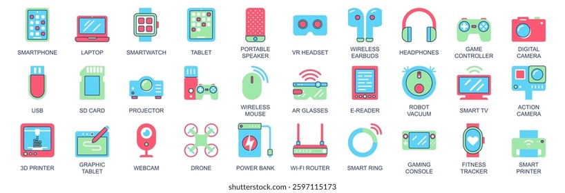 Tech gadgets icon set in flat color icons web design. Pack pictograms with smartphone, laptop, smart, watch, tablet, portable speaker, vr headset, wireless earbuds, usb, other. Vector illustration.