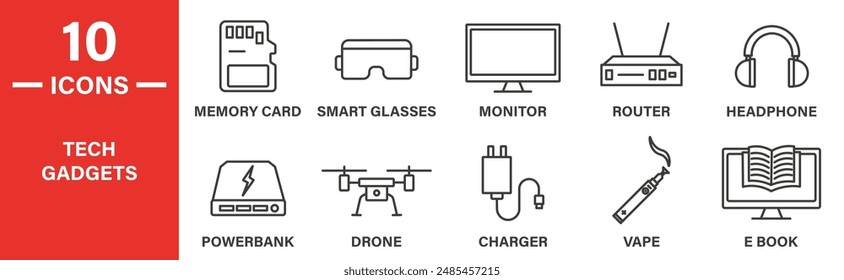 Tech gadgets icon set. Includes memory card, smart glasses, monitor, router, headphone, powerbank, drone, charger, vape, e book, and more icons. Outlined icon collection. Vector illustration.