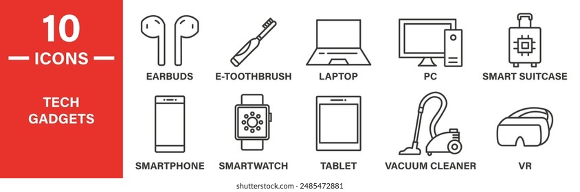 Tech gadgets icon set. Includes earbuds, e-toothbrush, laptop, pc, smart suitcase, smartphone, smartwatch, tablet, vacuum cleaner, vr, and more icons. Outlined icon collection. Vector illustration.