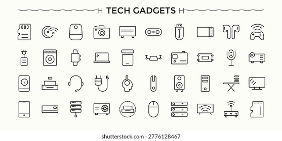 Tech Gadgets icon set. Pack of hardware, device, technology, gadget, smart gadget and more. Smart Device icon set. Simple line vector icons. Editable stroke. Vector collection.