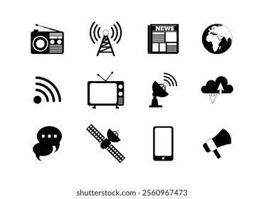 Tech Gadgets icons set. Electronic device icons, gadget, TV, satellite, smartphone, transmission tower, web, wifi. Communication icons. Technology icons.
