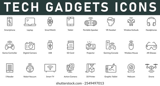 Tech Gadgets Icons vector illustration with thin line editable stroke contains smartphone laptop smartwatch drone webcam smart TV robot vacuum AR glasses SD card USB VR headset projector