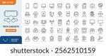 Tech Gadgets line editable icon set. Containing smartphone, laptop, tablet, smartwatch, drone, headphones, digital camera, smart TV, gaming console and more. vector illustration