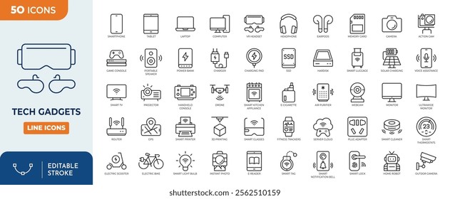 Tech Gadgets line editable icon set. Containing smartphone, laptop, tablet, smartwatch, drone, headphones, digital camera, smart TV, gaming console and more. vector illustration