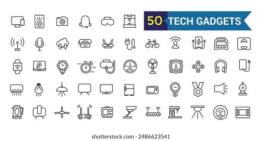 Symbol-Set für Tech-Gadgets-Zeile. Kollektion des Gliederungssymbols. Strich der bearbeitbaren Vektorgrafik.