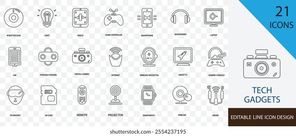 Tech gadgets modern line  icon set. containing DIGITAL CAMERA, USB, SD CARD, PROJECTOR, GAMING CONSOLE and more stroke design