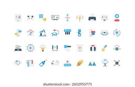 Tech gadgets, portable digital multimedia device, laptop and tablet, drone color icon set. Wireless network, headphones and smartwatch, VR equipment for modern lifestyle flat vector illustration