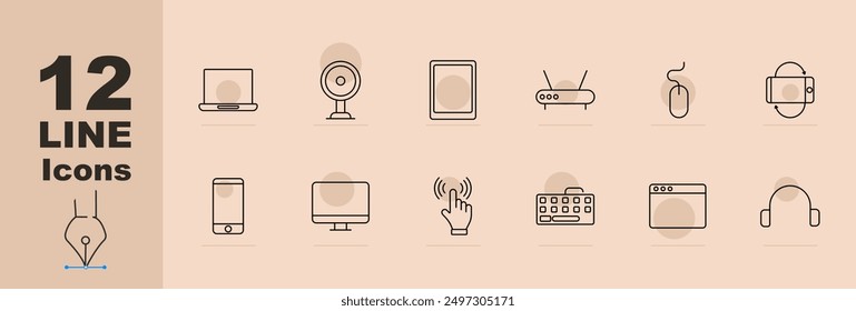 Icono de conjunto de gadgets tecnológicos. Ordenador portátil, webcam, tableta, router, ratón, smartwatch, smartphone, monitor, pantalla táctil, teclado, navegador, auriculares
