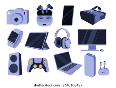 Tech gadgets set. Laptop, Smartwatch, Column loud speaker, tablet, Computer monitor, Console game controller, Headphones, camera, VR Glases. Flat vector illustrations isolated on white background.