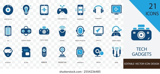 Tech gadgets solid  icon set. containing DIGITAL CAMERA, USB, SD CARD, PROJECTOR, GAMING CONSOLE and more vector design