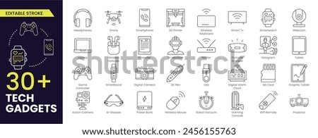 Tech Gadgets Stroke icon collections. Containing smartphone, laptop, tablet, smartwatch, drone, headphones, digital camera, smart TV, gaming console and more. Stroke icon collection Outline icon