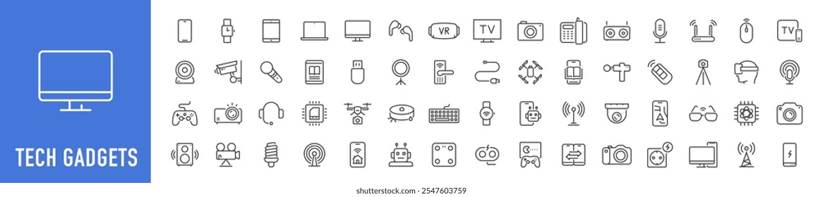 Ícones da Web Tech Gadgets em estilo de linha. Telefone, tablet, laptop, inicialização, tv, dron, robô, controlador de jogo, vr, fones de ouvido, projetor, coleção. Ilustração vetorial.