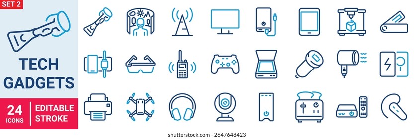 Tech Gadgets web icons in line style. Phone, tablet, laptop, startup, tv, dron, robot, game controler, vr, headphones, projector, collection. Vector illustration.