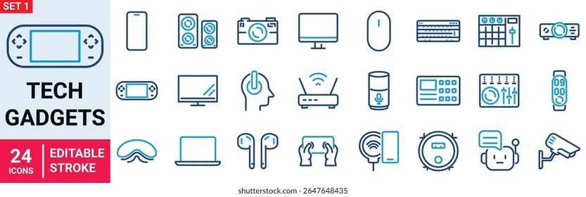 Ícones da Web Tech Gadgets em estilo de linha. Telefone, tablet, laptop, inicialização, tv, dron, robô, controlador de jogo, vr, fones de ouvido, projetor, coleção. Ilustração vetorial.