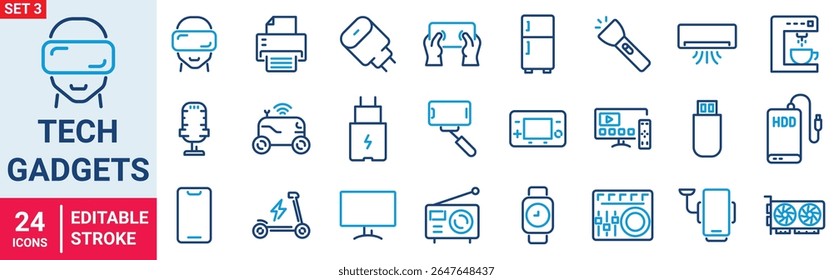 Ícones da Web Tech Gadgets em estilo de linha. Telefone, tablet, laptop, inicialização, tv, dron, robô, controlador de jogo, vr, fones de ouvido, projetor, coleção. Ilustração vetorial.