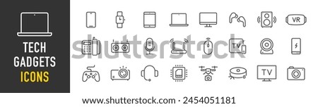 Tech Gadgets web icons in line style. Phone, tablet, laptop, startup, tv, dron, robot, game controler, vr, headphones, projector, collection. Vector illustration.