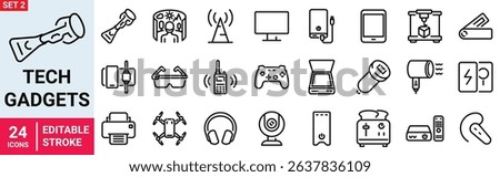 Tech Gadgets web icons in line style. Phone, tablet, laptop, startup, tv, dron, robot, game controler, vr, headphones, projector, collection. Vector illustration.