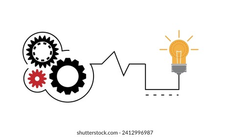 Tech Gear Feeding a Light Bulb Line Art. Technology and industrial devices concept vector