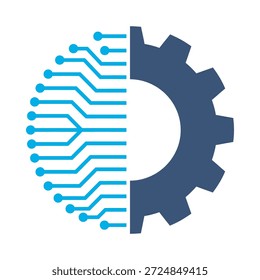 Tech gear icon blue flat vector design circuit cog symbol technology engineering mechanics innovation graphic element sign