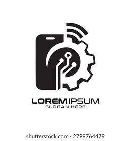 Tech Gear logo features a sophisticated combination of a smartphone outline and intricate mechanical gear components, representing a synergy between digital connectivity and industrial hardware, perfectly suited for tech startups, innovative software developers, and advanced electronic service providers aiming for a sleek, contemporary, and highly professional brand image.