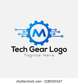Tech Gear Logo On Letter M Template. Tech Gear On M Letter, Initial Tech Gear Sign Concept