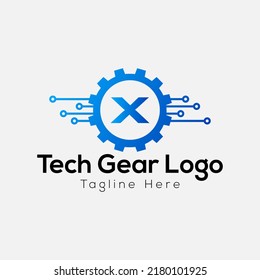 Tech Gear Logo On Letter X Template. Tech Gear On X Letter, Initial Tech Gear Sign Concept
