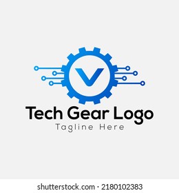 Tech Gear Logo On Letter V Template. Tech Gear On V Letter, Initial Tech Gear Sign Concept