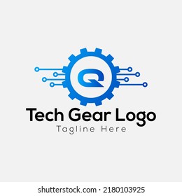 Technisches Zahnradlogo auf Buchstabe Q-Vorlage. Technisches Fanggerät auf Q-Brief, anfängliches technisches Signalkonzept