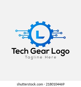 Logotipo Del Engranaje Tecnológico En La Letra L Template. Letras Tech Gear On L, Concepto Inicial De Signo De Gear Tech