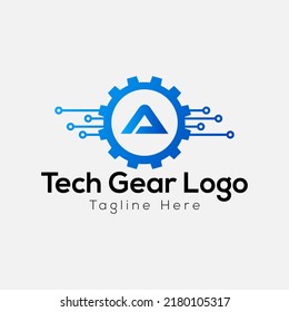 Tech Gear Logo On Letter A Template. Tech Gear On A Letter, Initial Tech Gear Sign Concept