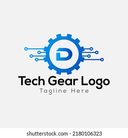 Tech Gear Logo On Letter D Template. Tech Gear On D Letter, Initial Tech Gear Sign Concept