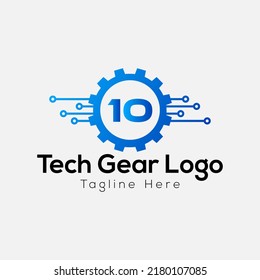 Logo Del Tech Gear En Plantilla De Letra 10. Tech Gear On 10 Letter, Concepto Inicial De Signo De Gear Tech