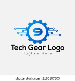 Logotipo Del Engranaje Tecnológico En La Plantilla Carta 9. Tech Gear On 9 Letter, Concepto Inicial De Signo De Gear Tech