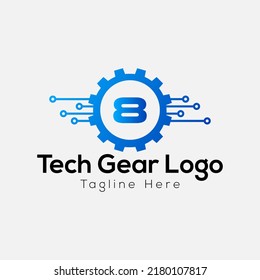 Logotipo Del Engranaje Tecnológico En La Plantilla Carta 8. Tech Gear On 8 Letter, Concepto Inicial De Signo De Gear Tech