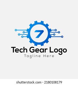 Tech Gear Logo On Letter 7 Template. Tech Gear On 7 Letter, Initial Tech Gear Sign Concept