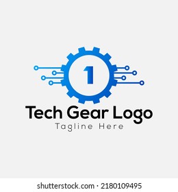 Logotipo Del Engranaje Tecnológico En La Plantilla De La Letra 1. Tech Gear On 1 Letra, Concepto Inicial De Signo De Gear Tech