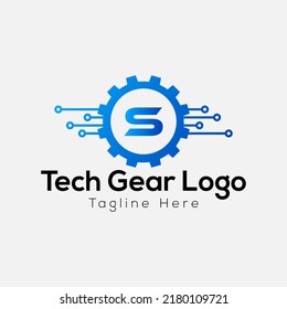 Tech Gear Logo On Letter S Template. Tech Gear On S Letter, Initial Tech Gear Sign Concept