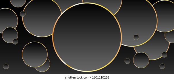 Tech geometric background with abstract golden and black circles. Vector banner design