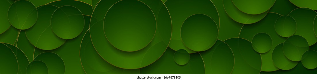 Fondo geométrico tecnológico con círculos abstractos dorados y verdes. Diseño de pancarta vectorial