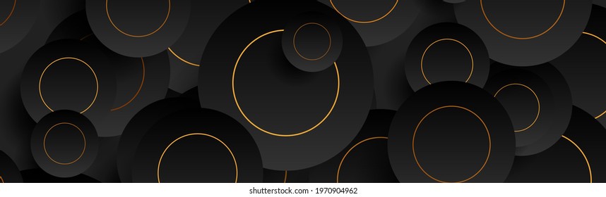 Fondo geométrico tecnológico con círculos abstractos de oro y negro. Diseño de pancartas vectoriales