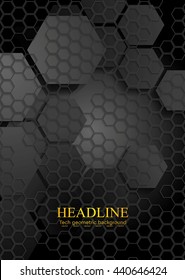 Tech geometric black background with hexagon texture. Vector flyer graphic design eps 10