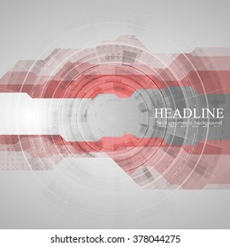 Tech geometric drawing background with gear. Red grey vector design template