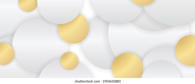Tech geometric white background with abstract golden and grey circles. Vector banner design