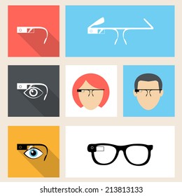 Tech glasses square seven icons in flat design with people wearing smart intelligence accessories for augmented reality