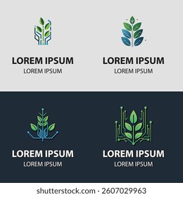 Tech Green Leaf Logo Set - Eco Technology, Digital Nature