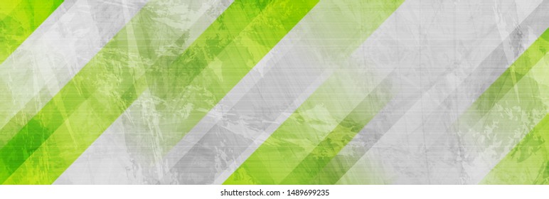 Tech green stripes on abstract grey grunge corporate header banner. Vector background