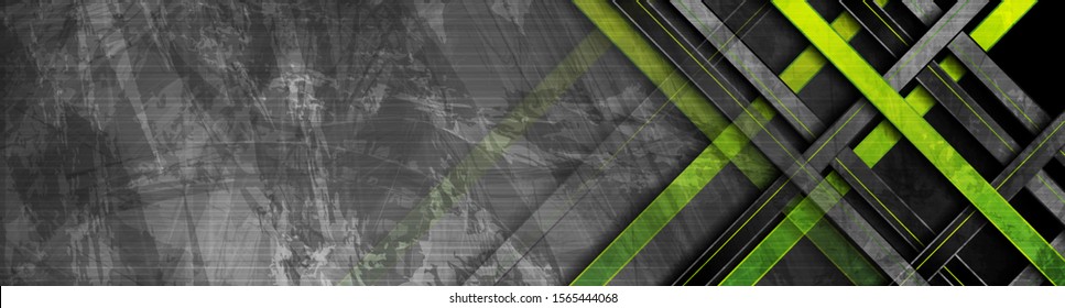 Tech green stripes on abstract grey grunge corporate header banner. Vector geometric background